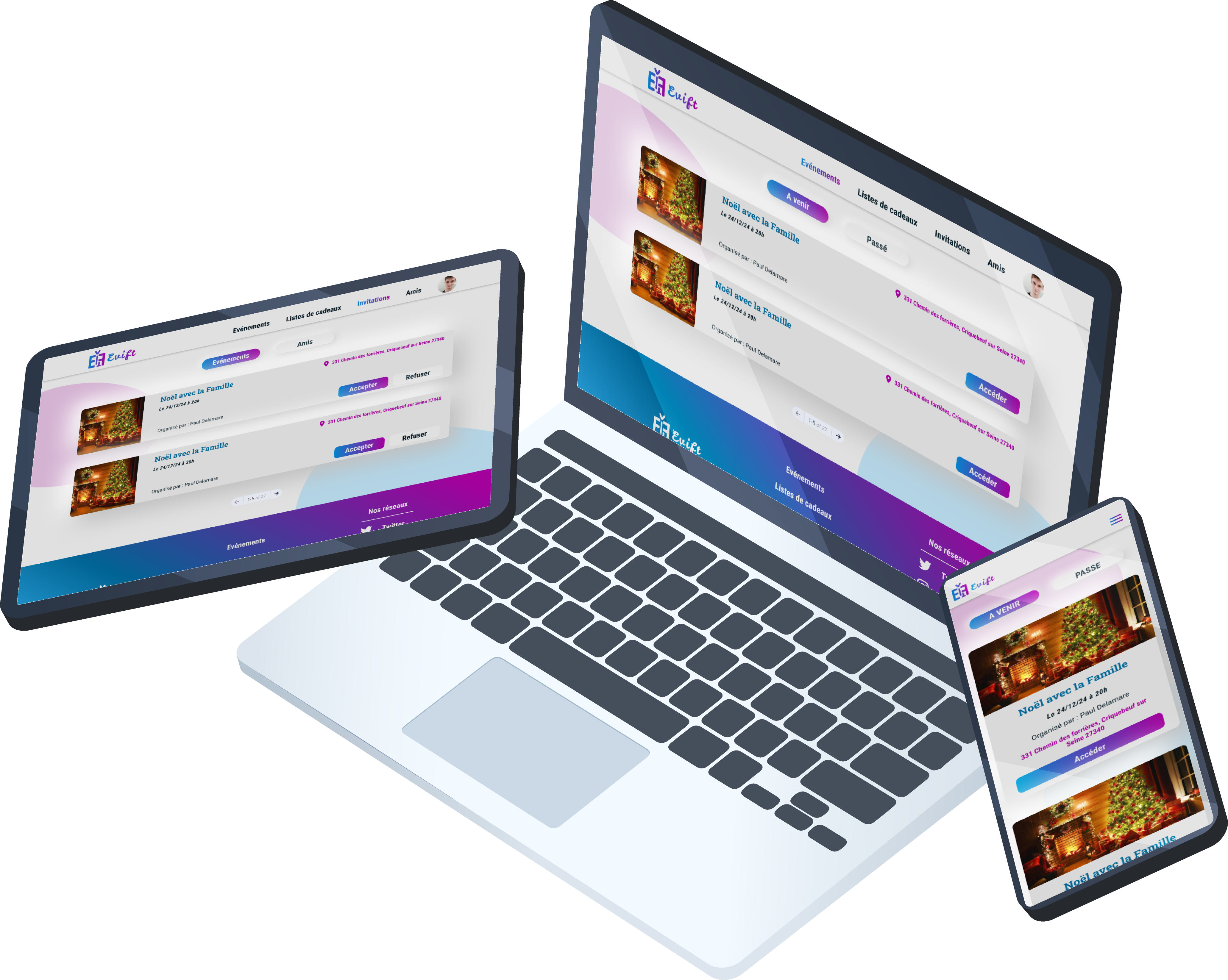 Mockup du site EVIFT sur appareil mobile et tablette, montrant la page d'accueil avec un événement en vedette et une liste des événements à venir